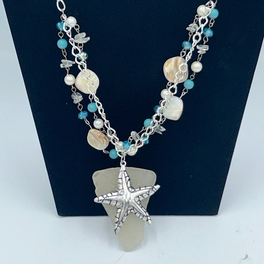 Sea Glass and Starfish Silvertone Necklace